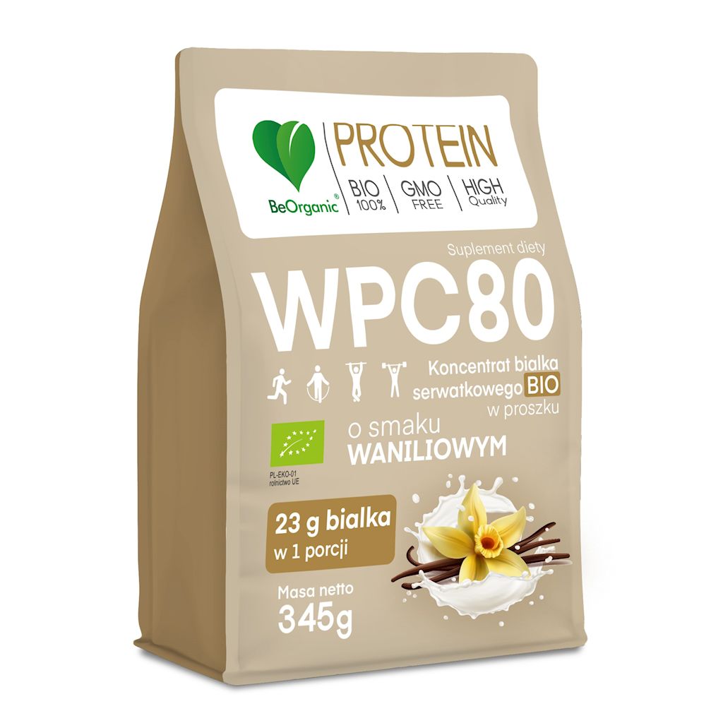Białko serwatkowe o smaku waniliowym (koncentrat wpc 80) bez dodatku cukrów bio 345 g