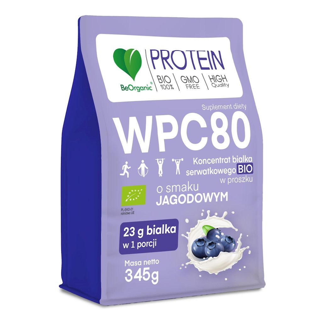 Białko serwatkowe o smaku jagodowym (koncentrat wpc 80) bez dodatku cukrów bio 345 g