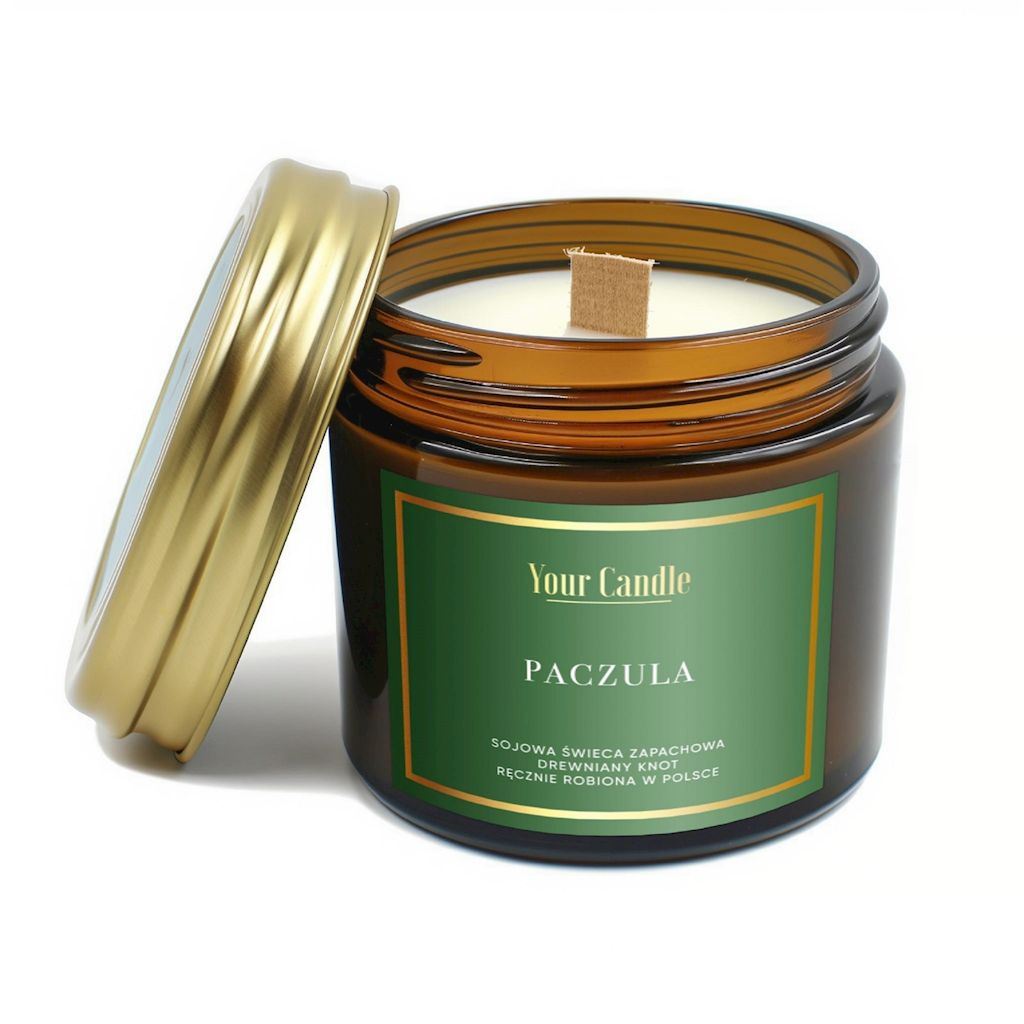 Świeca sojowa zapachowa z drewnianym knotem paczula 120 ml