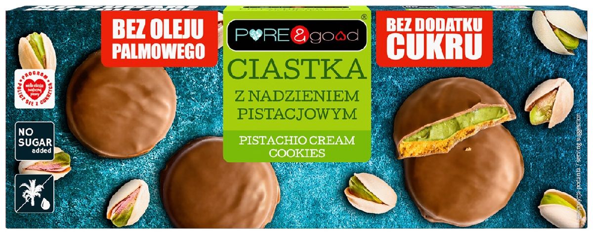 Ciastka z nadzieniem pistacjowym w czekoladzie mlecznej bez dodatku cukrów 96 g