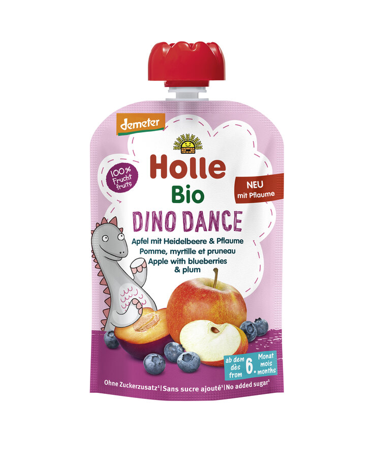 Mus tańczący dinozaur (jabłko - borówka - śliwka) bez dodatku cukrów bezglutenowy od 6 miesiąca demeter bio 100 g