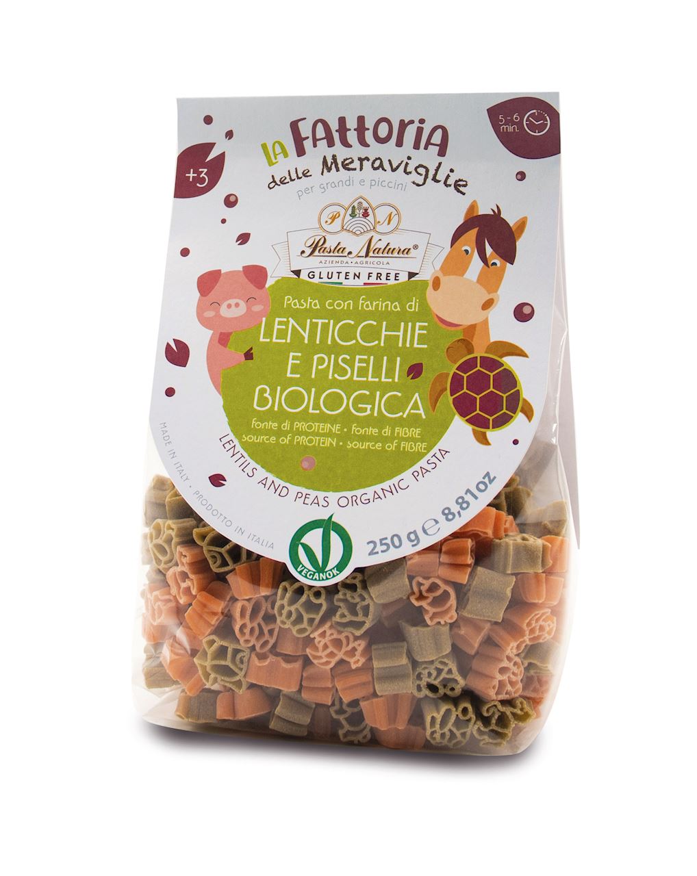 Makaron (z soczewicy, groszku zielonego i ryżu) dla dzieci zwierzęta farma bezglutenowy bio 250 g