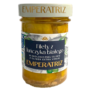 TUŃCZYK BIAŁY FILETY MSC W BIO OLIWIE Z OLIWEK EXTRA VIRGIN 180 g (SŁOIK) - EMPERATRIZ