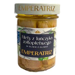 TUŃCZYK ŻÓŁTOPŁETWY FILETY MSC W OLIWIE Z OLIWEK 180 g (SŁOIK) - EMPERATRIZ